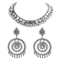 OPLERA SPARK INDIA - Oxidised Silver Mirror Choker Necklace with kundan finish Earrings Set for Girls & Women-thumb4