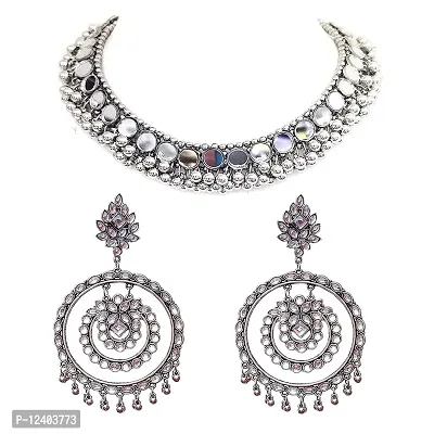 OPLERA SPARK INDIA - Oxidised Silver Mirror Choker Necklace with kundan finish Earrings Set for Girls & Women-thumb5