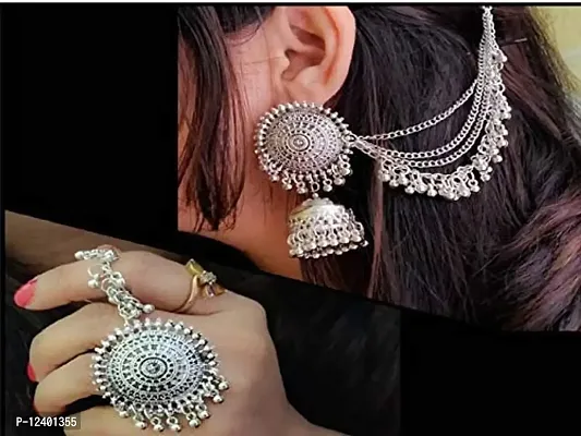 OPLERA SPARK Oxidised Silver Bahubali Style Tika with Earrings Set for Women  Girls....-thumb3