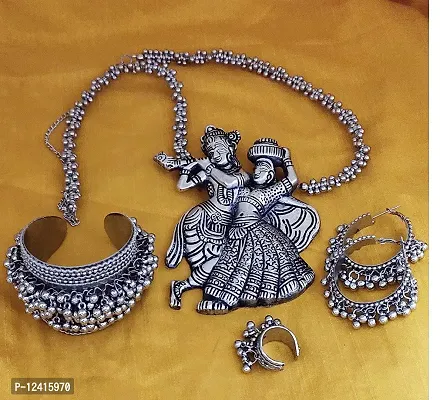 OPLERA SPARK INDIA Oxidised Silver Radha Krishna Chain Pendant Necklace Set Combo for Girls  Women-thumb5