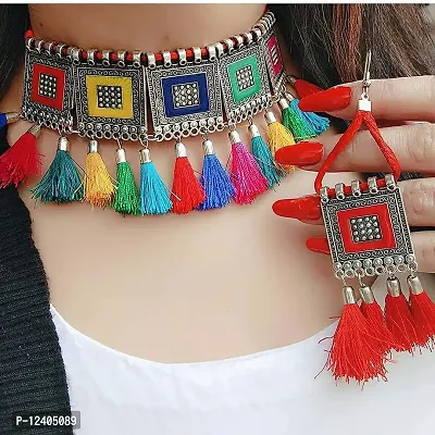OPLERA SPARK INDIA - Oxidised Jewellery Afghani Style Multi Thread Choker Necklace Set for Women  Girls-thumb3