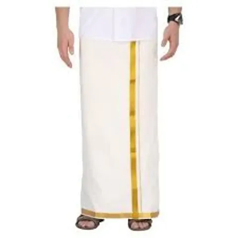 S Cart Mens Dhoti Cotton 2 Mtrs Fancy Border Dhothi/Vesti/Mundu White Colour; Pack of 1