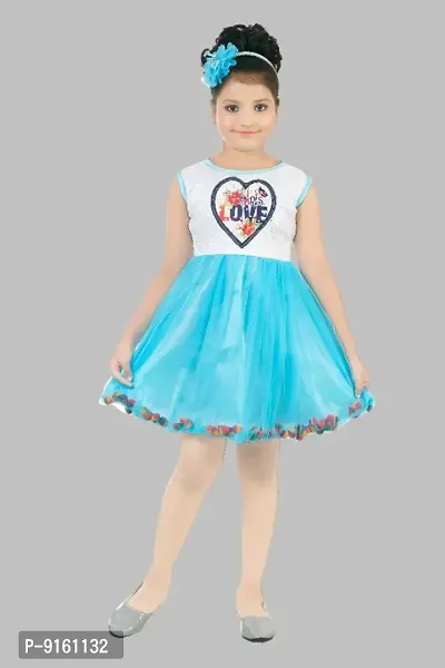 Blue  White Net Pom Pom Girls Fit And Flare Dress ( Pack of 1 )-thumb0