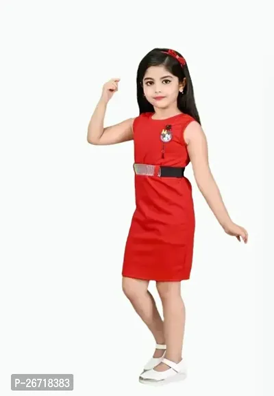 Girls Midi/Knee Length Casual Dress (Red, Sleeveless)-thumb2