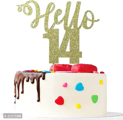 Zyozi  Golden Glitter hello 14 cake topper 14th anniversary cake decoration handmade 14th birthday party cake decoration