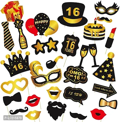 Zyozi 16th Birthday Decorations Kit - Black and Golden Photo Booth Props - Set of 30