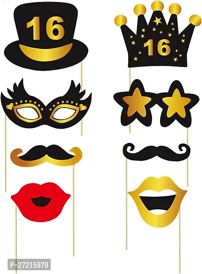 Zyozi 16th Birthday Decorations Kit - Black and Golden Photo Booth Props - Set of 30-thumb2