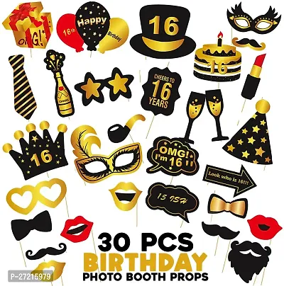 Zyozi 16th Birthday Decorations Kit - Black and Golden Photo Booth Props - Set of 30-thumb3