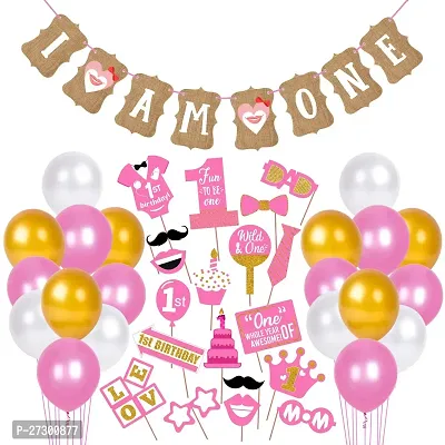 Zyozi 1st Birthday Decorations  Combo For Baby Girls - Banner, Photo Booth Props  Metallic Balloons (Set of 45)