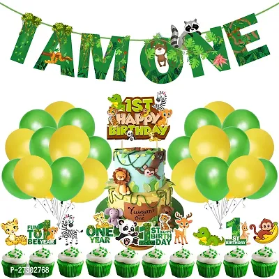 Zyozi Jungle Theme 1st Birthday Decoration Set - Banner, Balloons, Cake  CupCake Topper (Pack of 37)