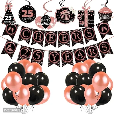 Zyozi Cheers to 25 Years Birthday / Anniversary Party Decorations Kit - Banner with Swirls  Balloons (Pack of 32)