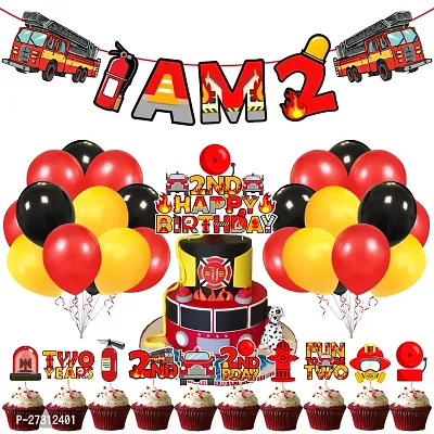 Fireman 2nd Birthday Combo with Banner Cake Topper Cup Cake Topper  Balloons - 37 Pcs