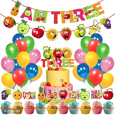 Zyozi Fruit Theme  3rd Birthday Party Decorations Set - Birthday  Character Banner, Balloons, Cake with Cupcake Topper - 38pcs