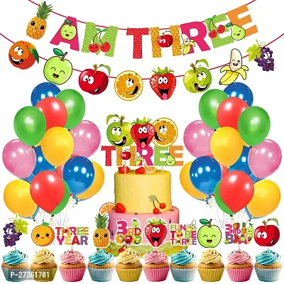 Zyozi Fruit Theme  3rd Birthday Party Decorations Set - Birthday  Character Banner, Balloons, Cake with Cupcake Topper - 38pcs-thumb0