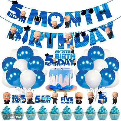 Zyozi Boss Baby Theme 5th Month Birthday Decorations Combo - Banner, Balloons, Cake  CupCake Topper - 37 Pcs