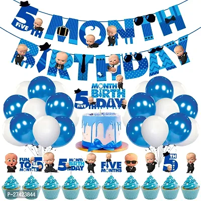 Zyozi Boss Baby Theme 5th Month Birthday Decorations Combo - Banner, Balloons, Cake  CupCake Topper - 37 Pcs-thumb0