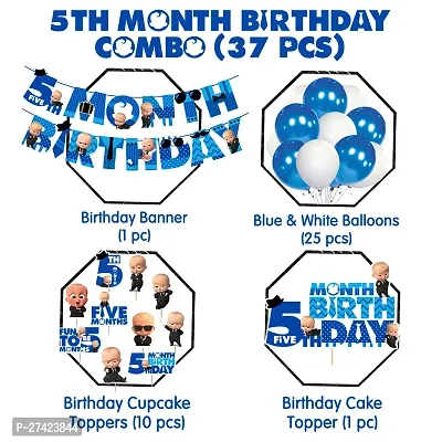 Zyozi Boss Baby Theme 5th Month Birthday Decorations Combo - Banner, Balloons, Cake  CupCake Topper - 37 Pcs-thumb2