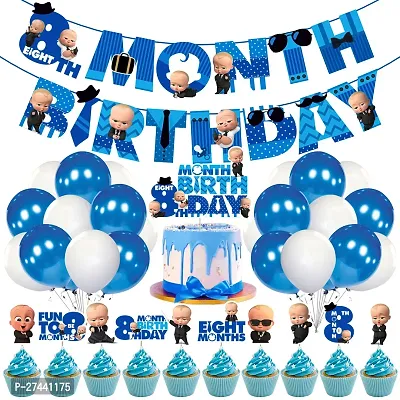 Zyozi  Boss Baby Theme  8th Month Birthday Decorations Combo - Banner, Balloons, Cake  CupCake Topper (37 Pcs )