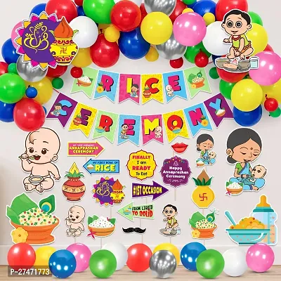 Zyozi Rice Ceremony Decorations Items - Banner, Balloons, Cardstock Cutout, PhotoBooth Props,Glue - (Pack of 65)