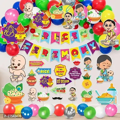 Zyozi Rice Ceremony Decorations Items - Banner, Balloons, Swirls Hanging, Cardstock CutOut, Photo Booth Props (Pack of 56)