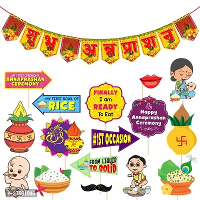 Zyozi Rice Ceremony Decorations Items - Shubh Annaprashan Bunting Banner with Photo Booth Props (Pack of 17)