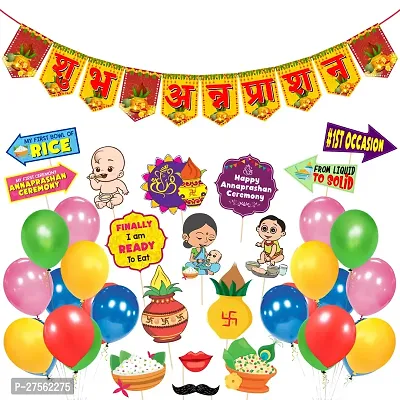 Zyozi Annaprashan Decoration Items - Shubh Annaprashan Bunting Banner, Balloons with Photo Booth Props (Pack of 37)