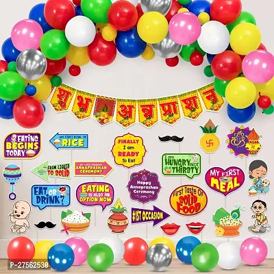 Zyozi Annaprashan Decoration Set - Shubh Annaprashan Banner, Balloons with Photo Booth Props (Pack of 51)