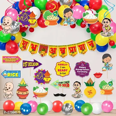 Zyozi Annaprashan Decorations Set - Banner, Balloons, Photo Booth Props, Swirls Hangings (Pack of 50)