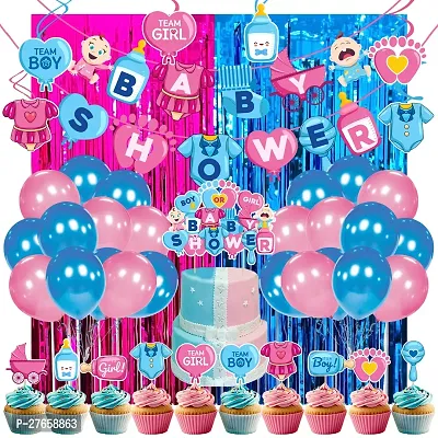 Zyozi Baby Shower Decorations Combo - Banner, Balloons, Swirls, Foil Curtain, Cake  CupCake (Pack of 45)