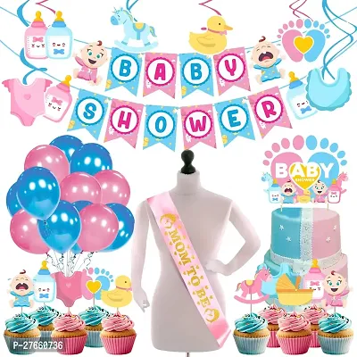 Zyozi Baby Shower Decorations Combo - Banner, Balloons, Swirls, Cake  CupCake Topper with Sash (Pack of 44)