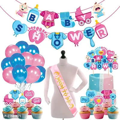 Zyozi Baby Shower Decorations Combo - Banner, Balloons, Cake  CupCake topper with Sash (Pack of 38)