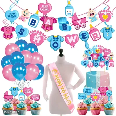 Zyozi Baby Shower Decorations Combo - Banner, Balloons, Swirls, Sash with Cake  CupCake Topper (Pack of 44)