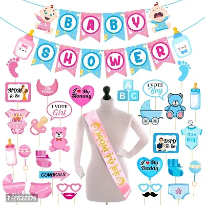 Zyozi Baby Shower Decorations Items - Banner, PhotoBooth Props  Sash (Pack of 32)