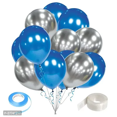 Zyozi Metallic Blue and Silver Balloons with Ribbon  Glue Dot For Birthday, Party, Wedding Decorations (Pack of 27)