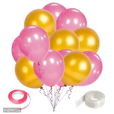 Zyozi Pink Gold Mettalic Balloons with Glue Dot  Ribbon For Baby Shower, Wedding, Anniversary Party Decorations (Pack of 27)