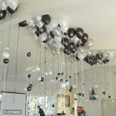 Zyozi Silver Black Metallic Balloons with Ribbon for Party Decorations  (Pack of 52)