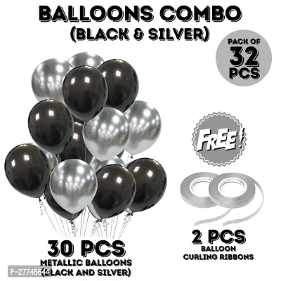 Zyozi  Silver Black Metallic Balloons with Ribbon for Birthday, Party Decorations (Pack of 32)-thumb4