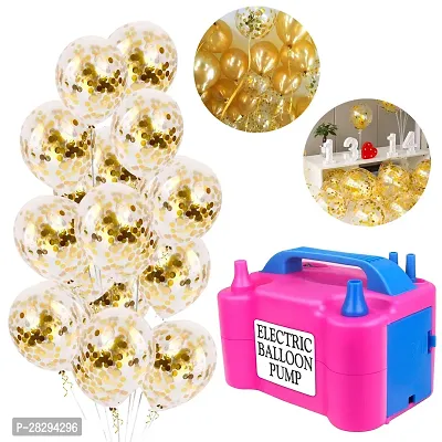 Portable Dual Electric Inflator Air Balloon Pump with Gold Confetti Balloons for Decorations (Pack of 13)