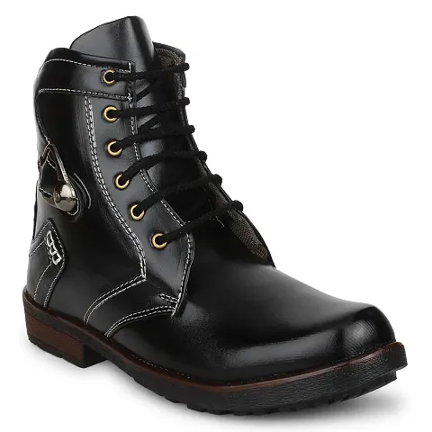 Men's Classic Black Synthetic Leather Heeled Boots