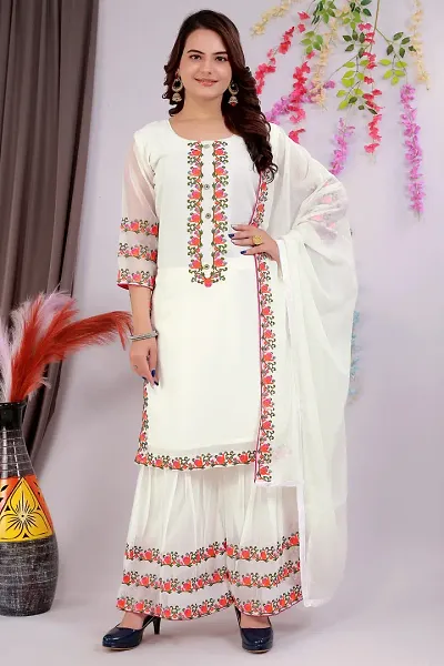 Stylish Georgette Embroidered A-Line Kurtis With Palazzo And Dupatta