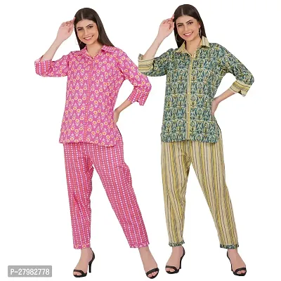 Stylish Multicoloured Cotton Printed Lounge Set For Women Pack Of 2