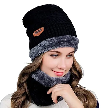 BRATS N BEAUTY ?- Winter Fashion Women's Solid Knit Beanie Woollen Plus Velvet Thickening Warm Windproof Cycling Hat Fur Scarf ( Black )
