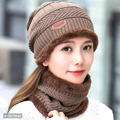 Stylish Trending Woolen Cap With Neck Scarf For Women-thumb0