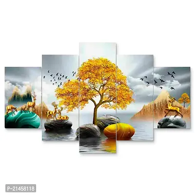 Mahadev Handicraft Set of Five Framed Wall Painting for Home Decoration , Paintings for Living room , Bedroom , Big Size 3D Scenery ( 75 X 43 CM)-thumb0