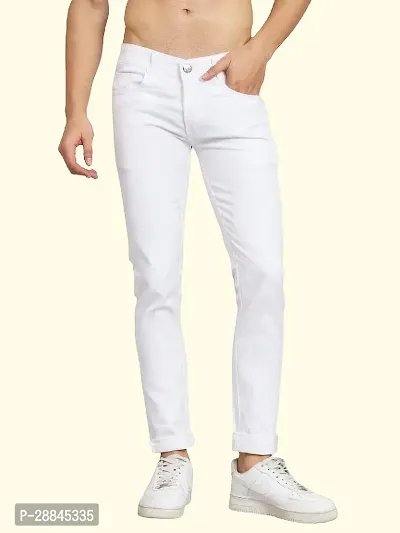 Stylish White Cotton Blend Solid Mid-Rise Jeans For Men-thumb0