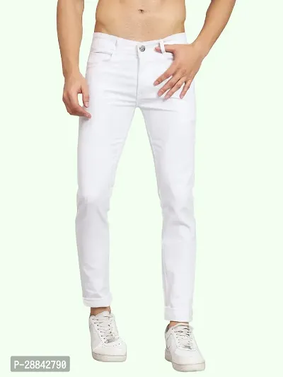 Stylish White Cotton Blend Solid Slim Fit Mid-Rise Jeans For Men