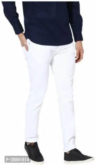 Stylish White Cotton Blend Solid Slim Fit Mid-Rise Jeans For Men