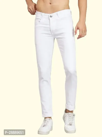 Stylish White Cotton Blend Solid Slim Fit Mid-Rise Jeans For Men