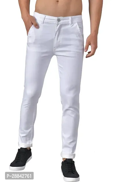 Stylish White Denim Solid Slim Fit Mid-Rise Jeans For Men