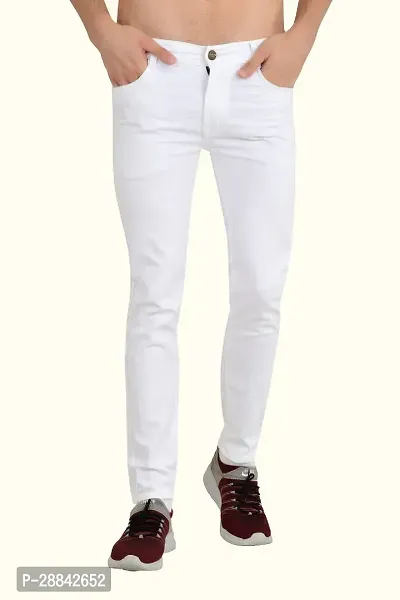 Stylish White Cotton Blend Solid Slim Fit Low-Rise Jeans For Men-thumb0